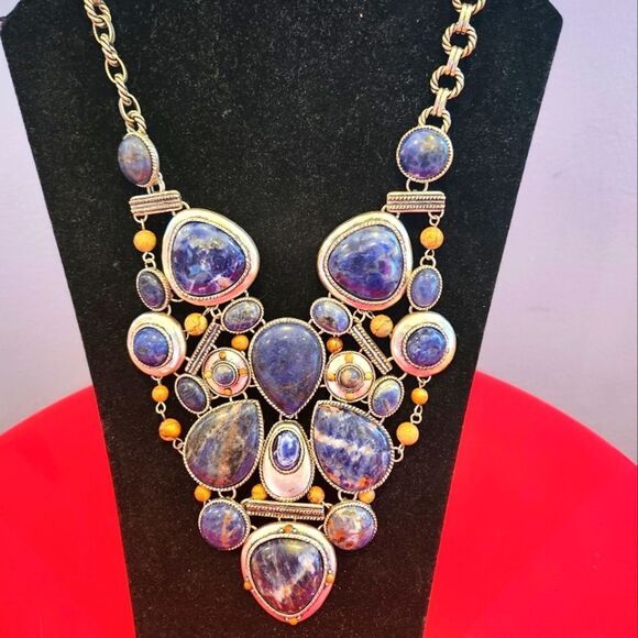 Elegant Blue and Gold Statement Necklace - Picture 2 of 6